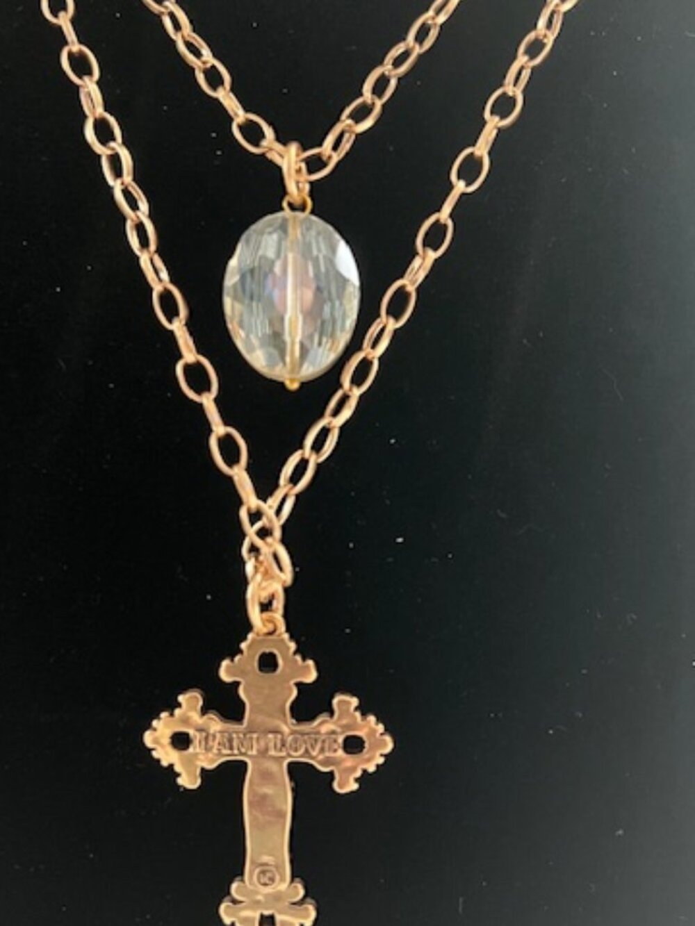 Katia Designs Gold Layered Cross Necklace "I Am Loved" Crystal Pendant - NWOT - Picture 3 of 3